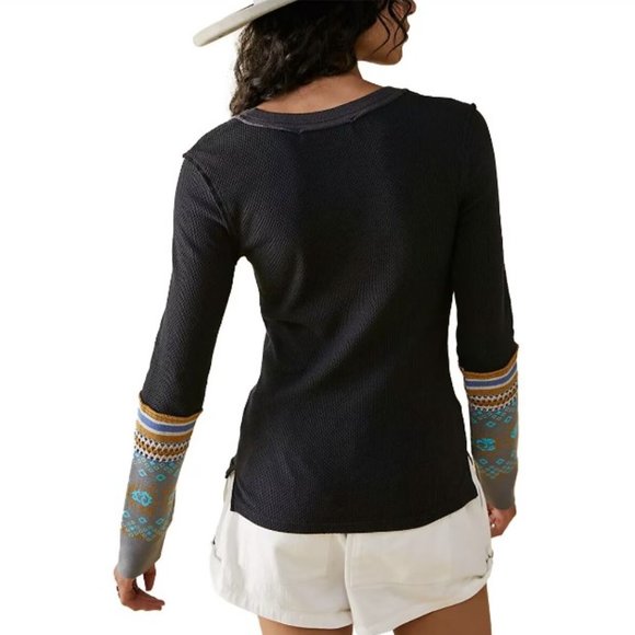 Free People Mikah Layering Cuff Long Sleeve Casual Henley in Black Combo - Picture 5 of 7